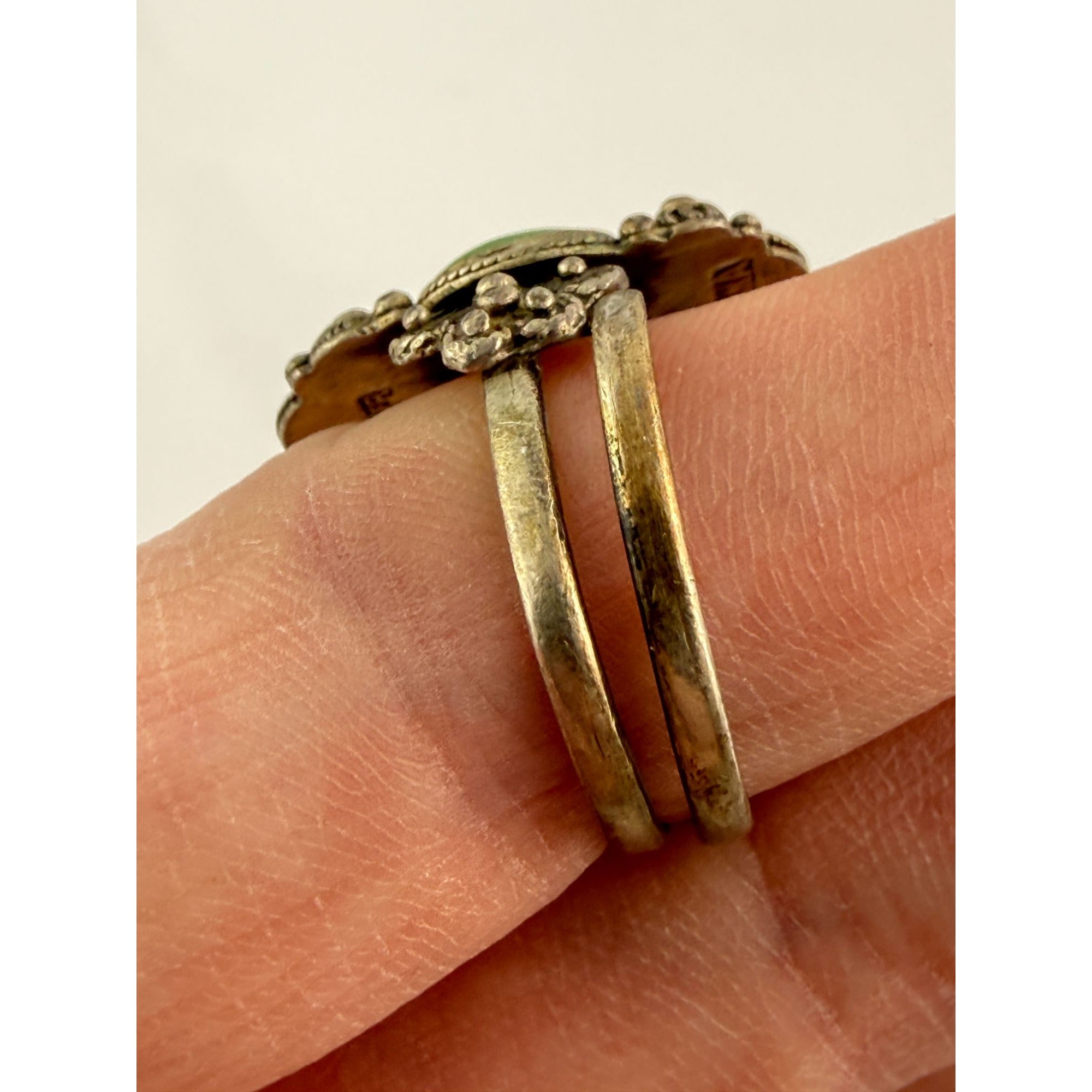 Antique French Indochina Chinese Export Sterling Silver Jade Ring Size 8 6.6g