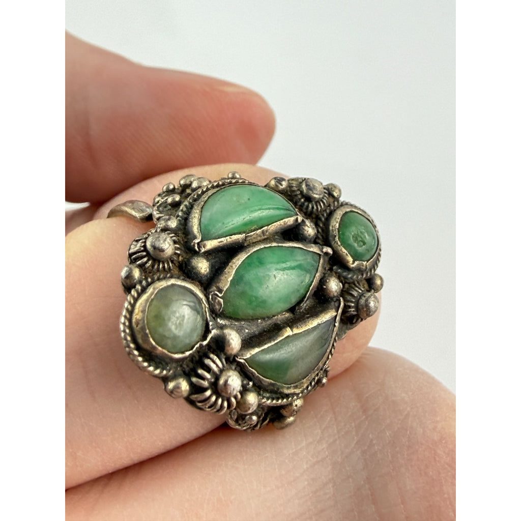 Antique French Indochina Chinese Export Sterling Silver Jade Ring Size 8 6.6g