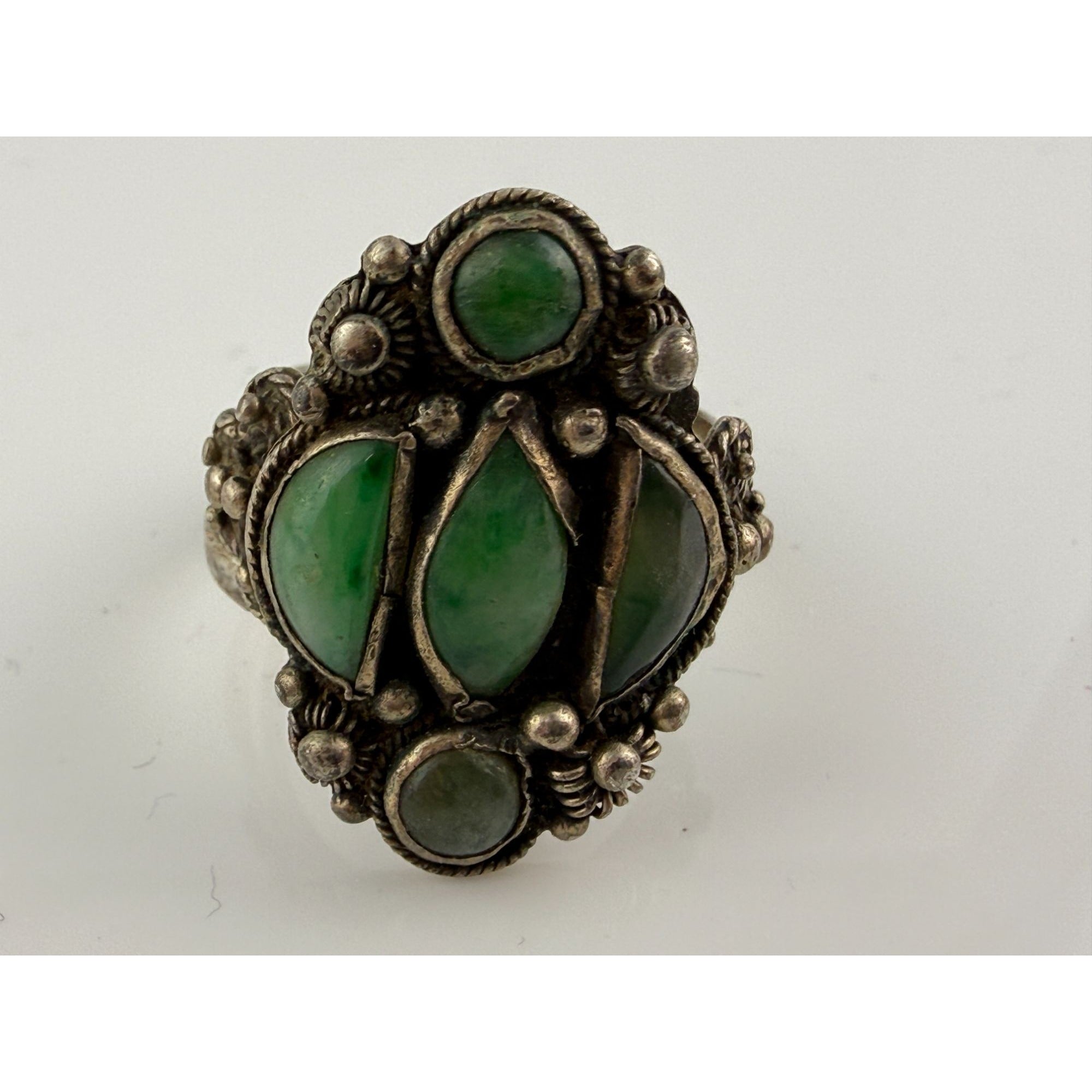 Antique French Indochina Chinese Export Sterling Silver Jade Ring Size 8 6.6g