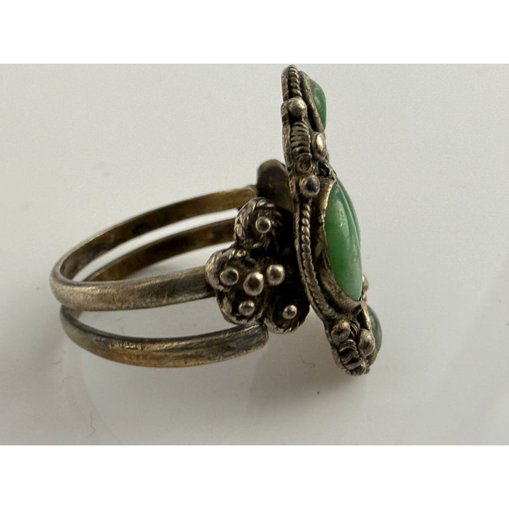 Antique French Indochina Chinese Export Sterling Silver Jade Ring Size 8 6.6g