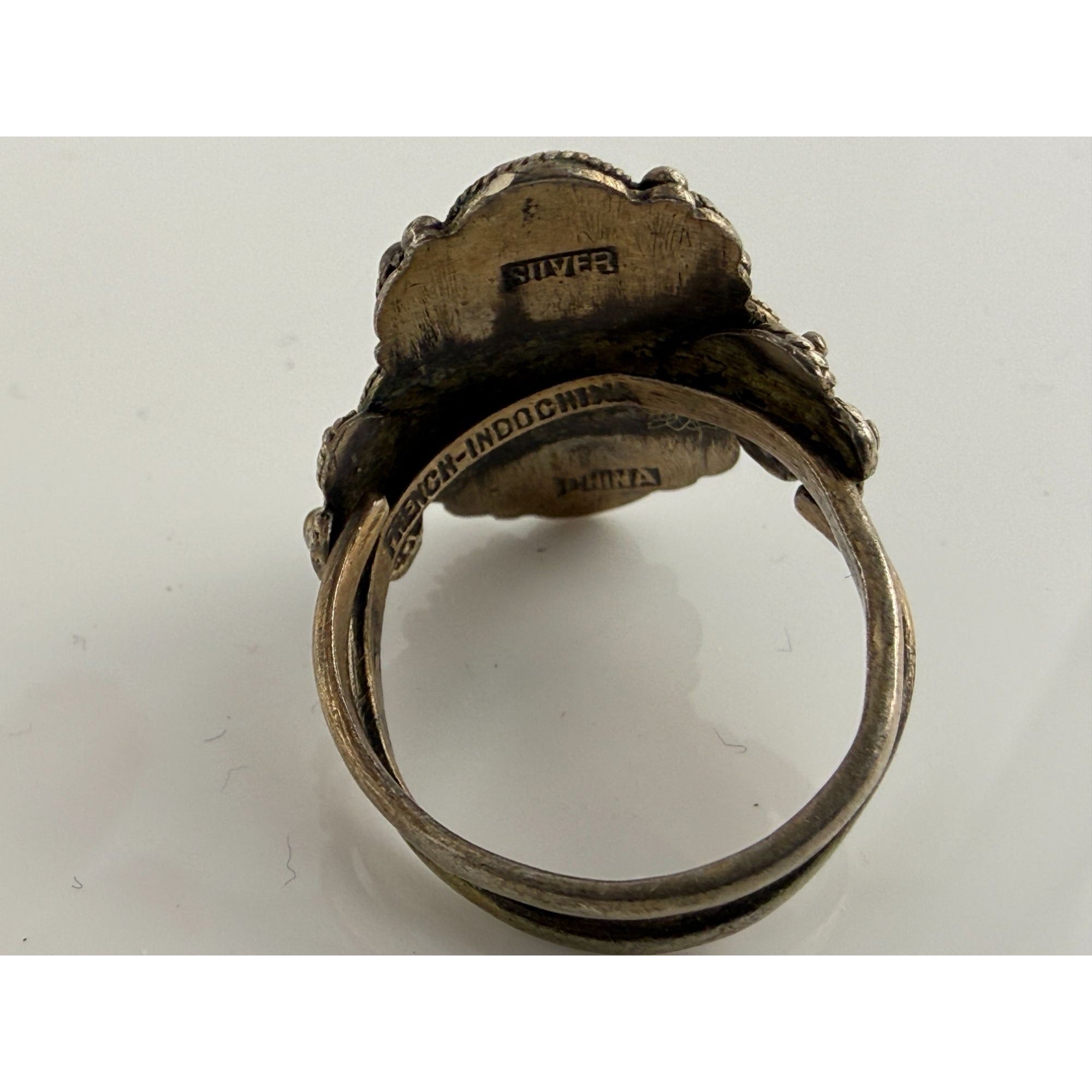 Antique French Indochina Chinese Export Sterling Silver Jade Ring Size 8 6.6g
