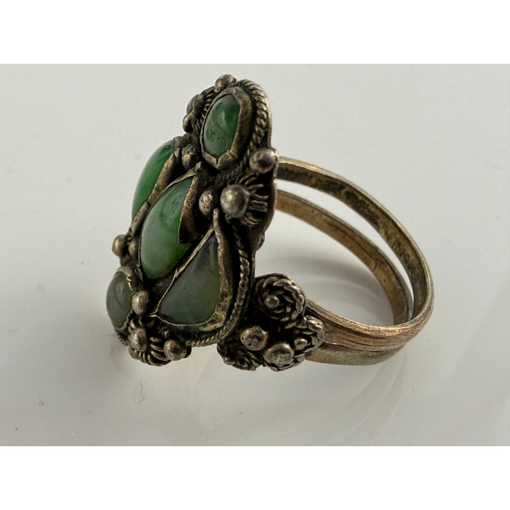 Antique French Indochina Chinese Export Sterling Silver Jade Ring Size 8 6.6g