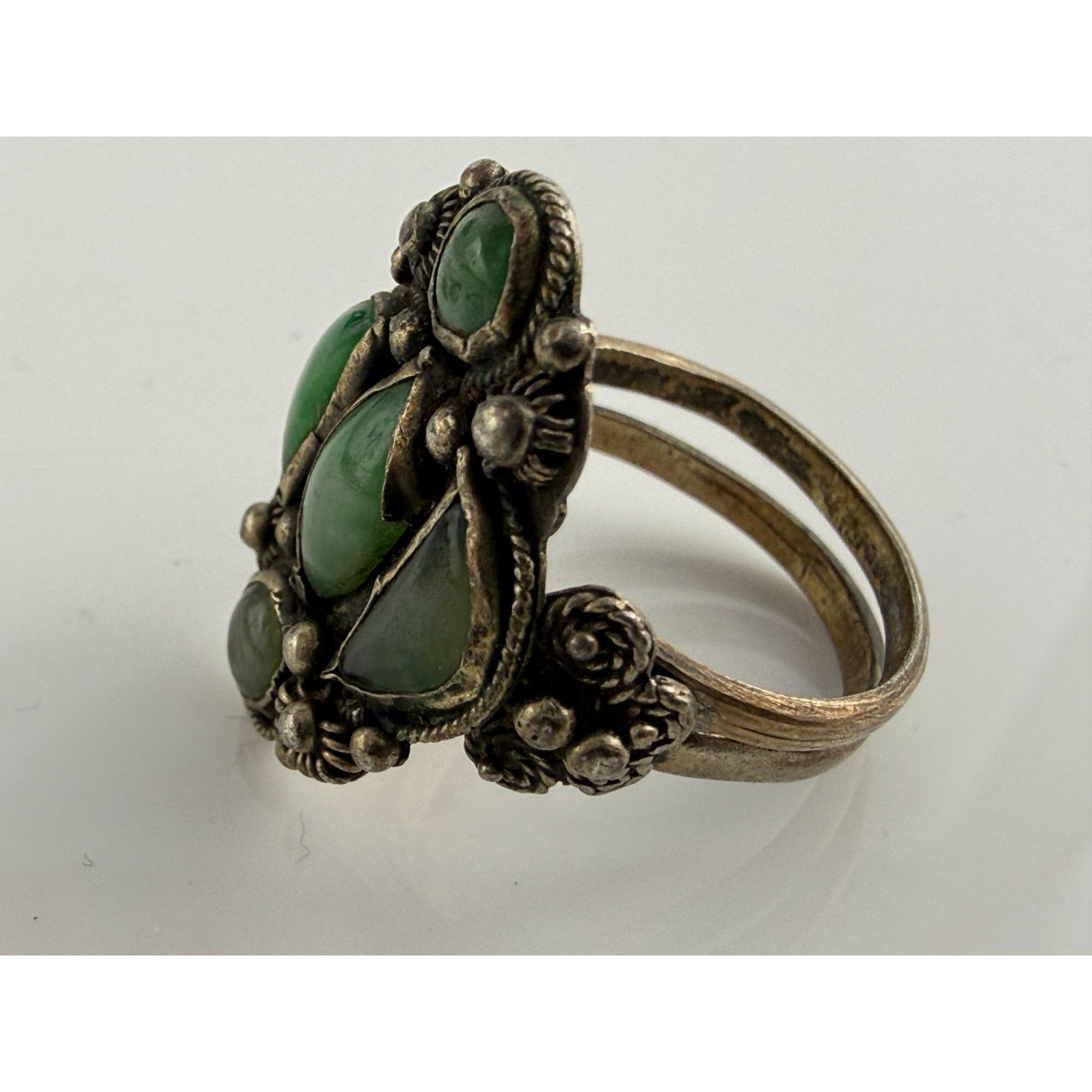 Antique French Indochina Chinese Export Sterling Silver Jade Ring Size 8 6.6g