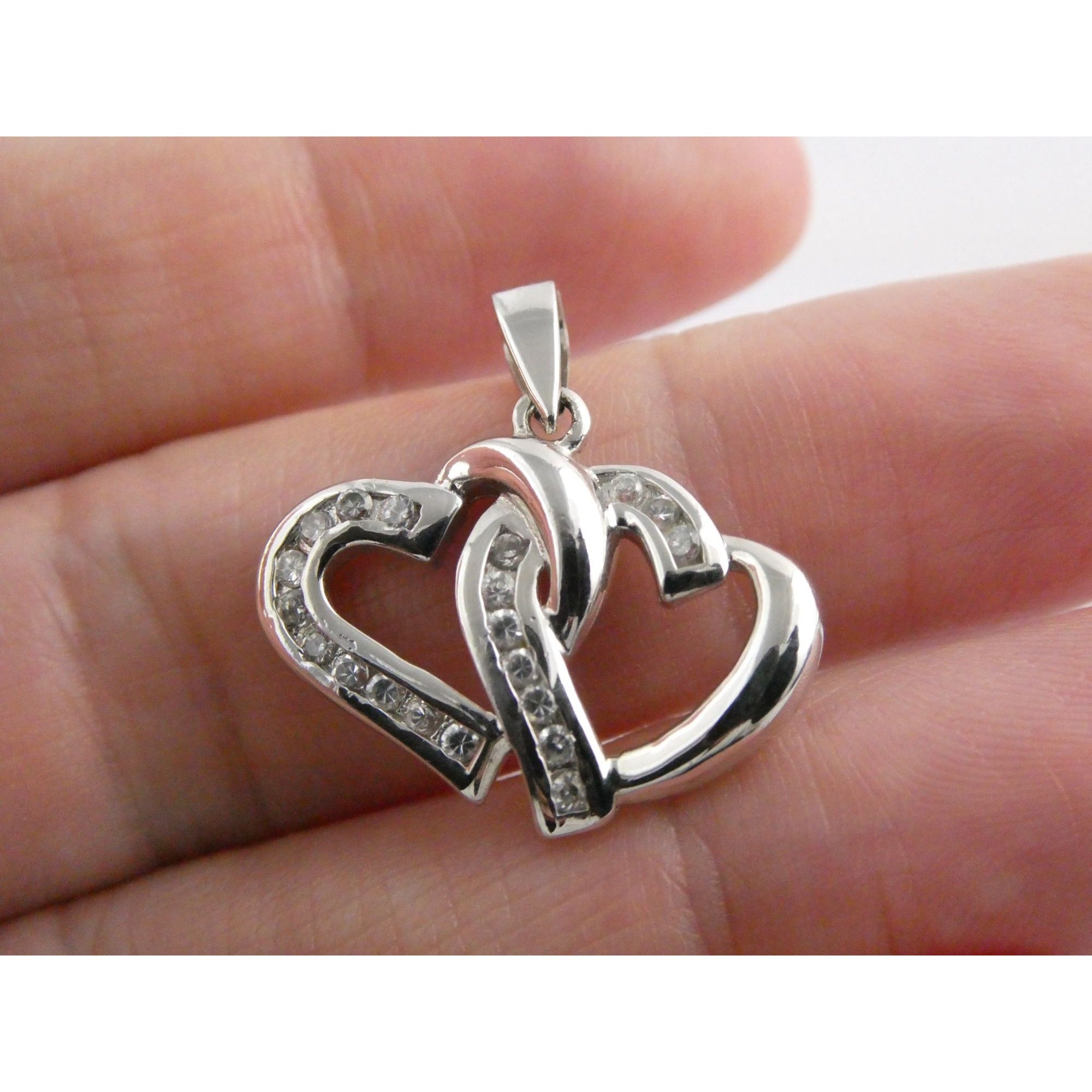 GM Sterling Silver Two Hearts Crystal Intertwined Pendant 925 3.3g 24mm Length