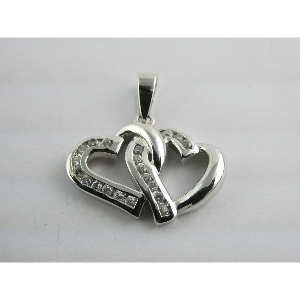 GM Sterling Silver Two Hearts Crystal Intertwined Pendant 925 3.3g 24mm Length