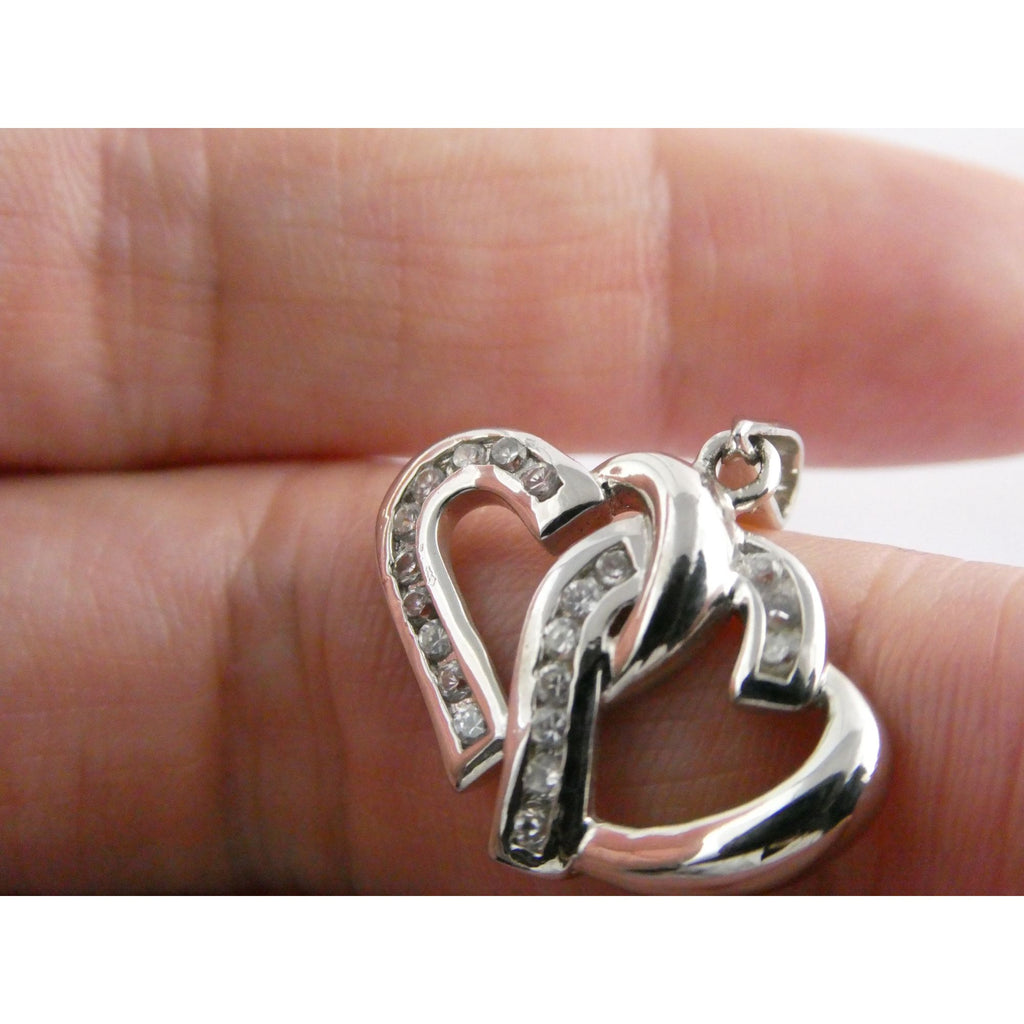 GM Sterling Silver Two Hearts Crystal Intertwined Pendant 925 3.3g 24mm Length