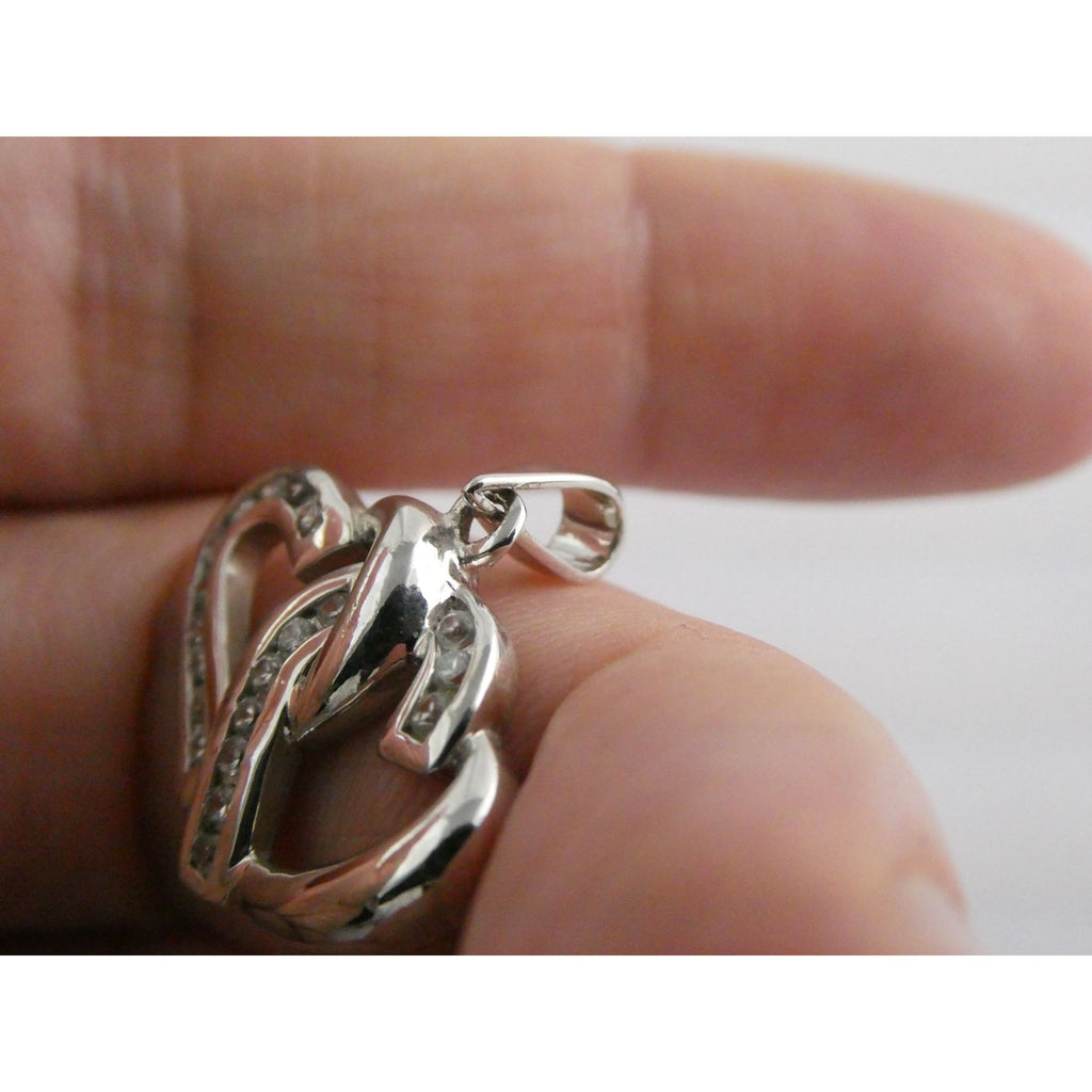 GM Sterling Silver Two Hearts Crystal Intertwined Pendant 925 3.3g 24mm Length