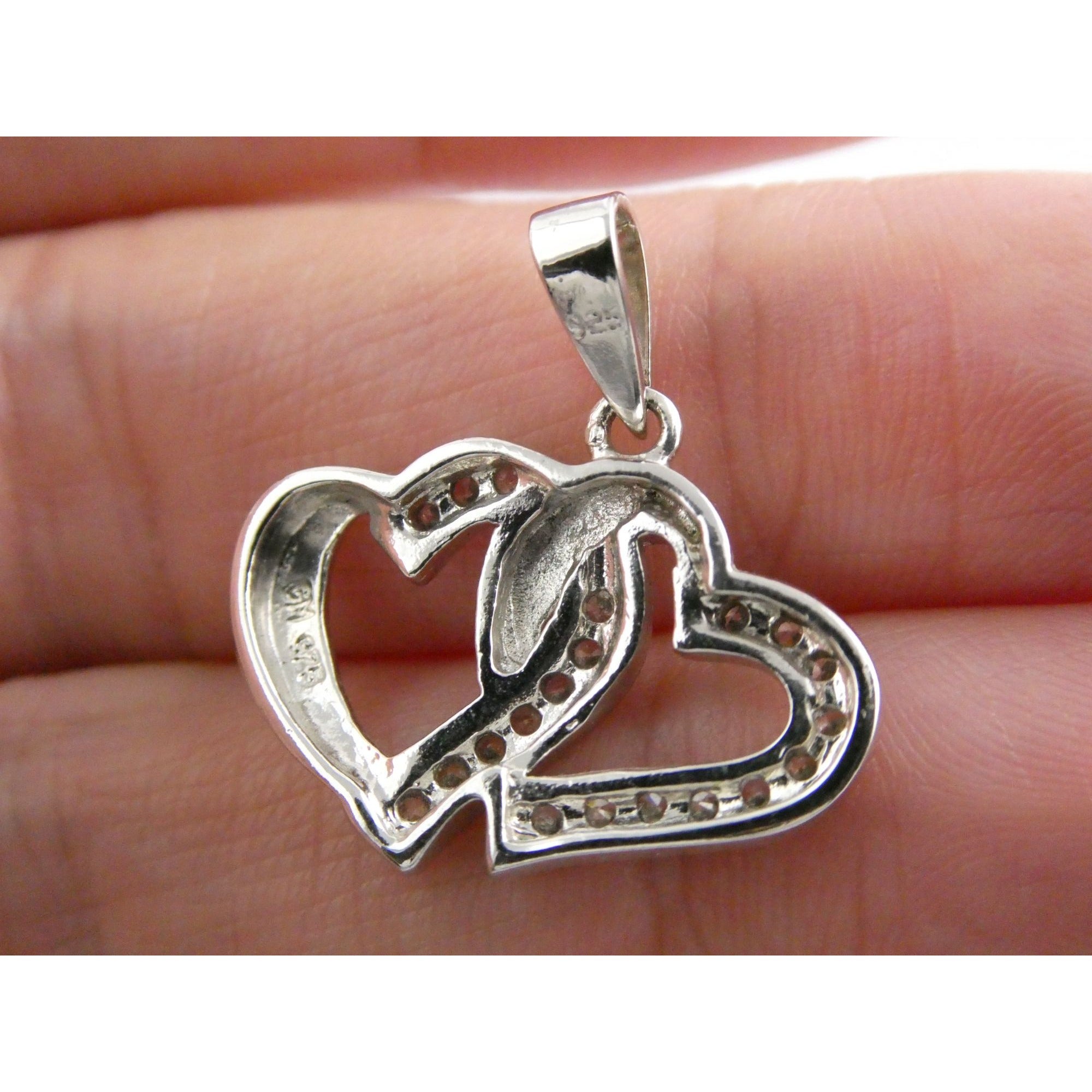 GM Sterling Silver Two Hearts Crystal Intertwined Pendant 925 3.3g 24mm Length