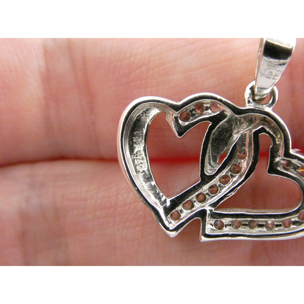 GM Sterling Silver Two Hearts Crystal Intertwined Pendant 925 3.3g 24mm Length