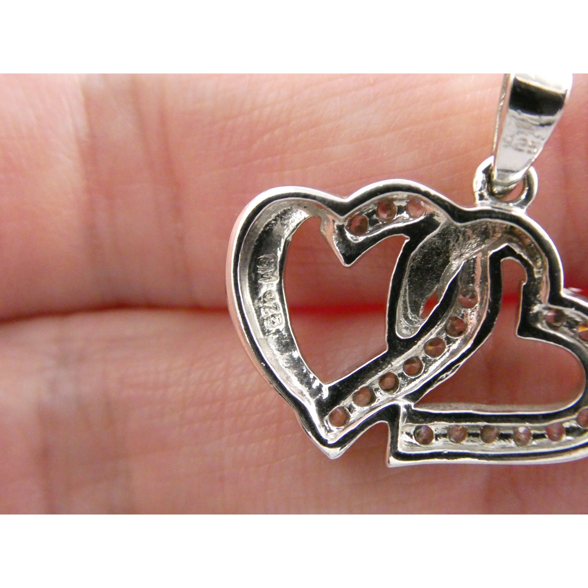 GM Sterling Silver Two Hearts Crystal Intertwined Pendant 925 3.3g 24mm Length