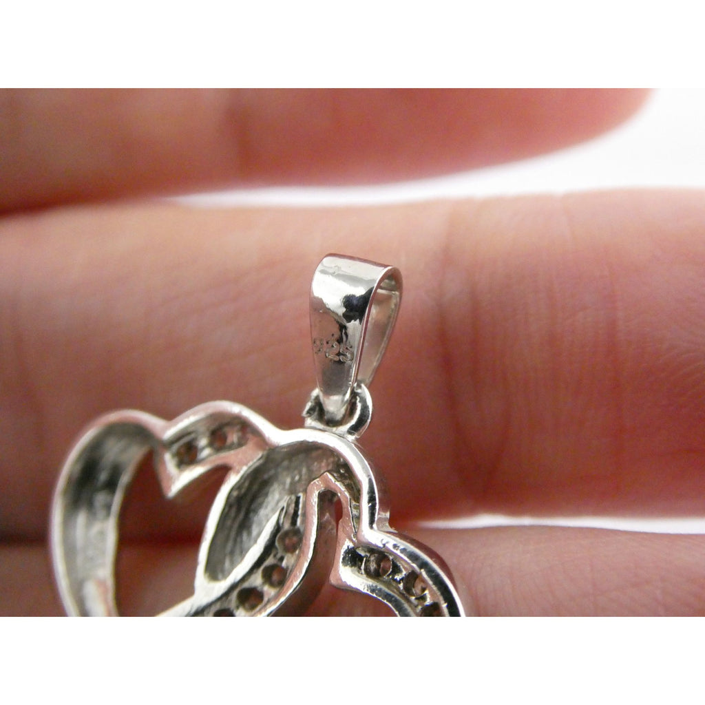 GM Sterling Silver Two Hearts Crystal Intertwined Pendant 925 3.3g 24mm Length
