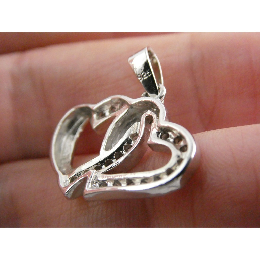 GM Sterling Silver Two Hearts Crystal Intertwined Pendant 925 3.3g 24mm Length