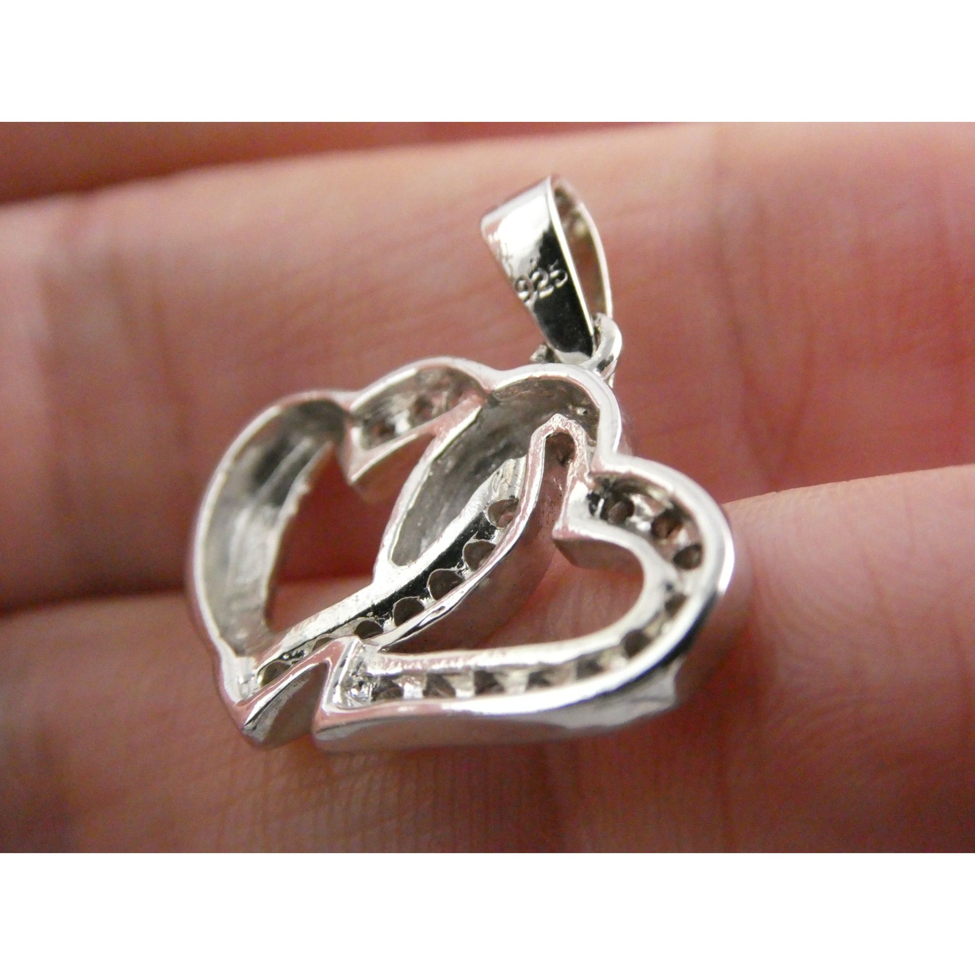 GM Sterling Silver Two Hearts Crystal Intertwined Pendant 925 3.3g 24mm Length