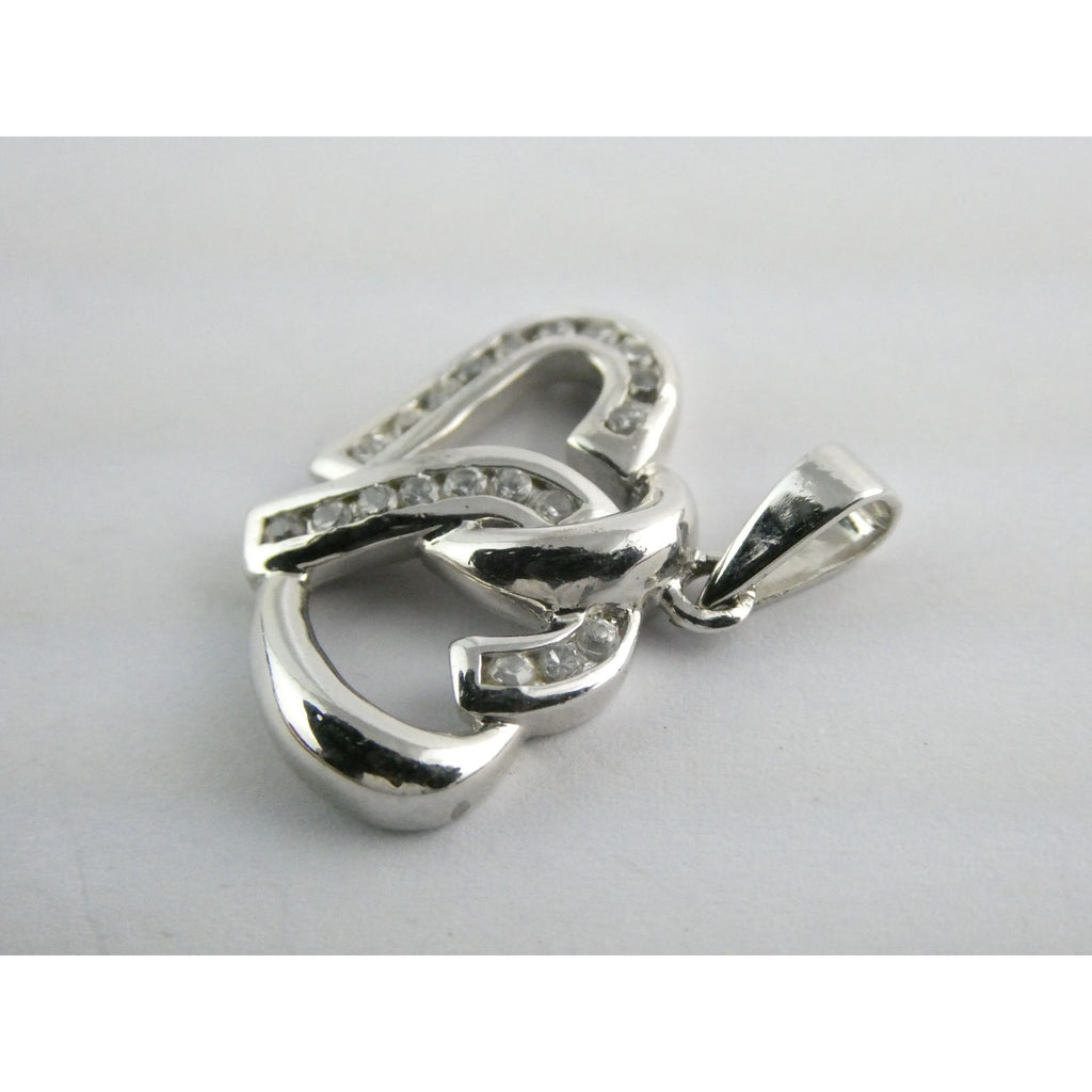 GM Sterling Silver Two Hearts Crystal Intertwined Pendant 925 3.3g 24mm Length