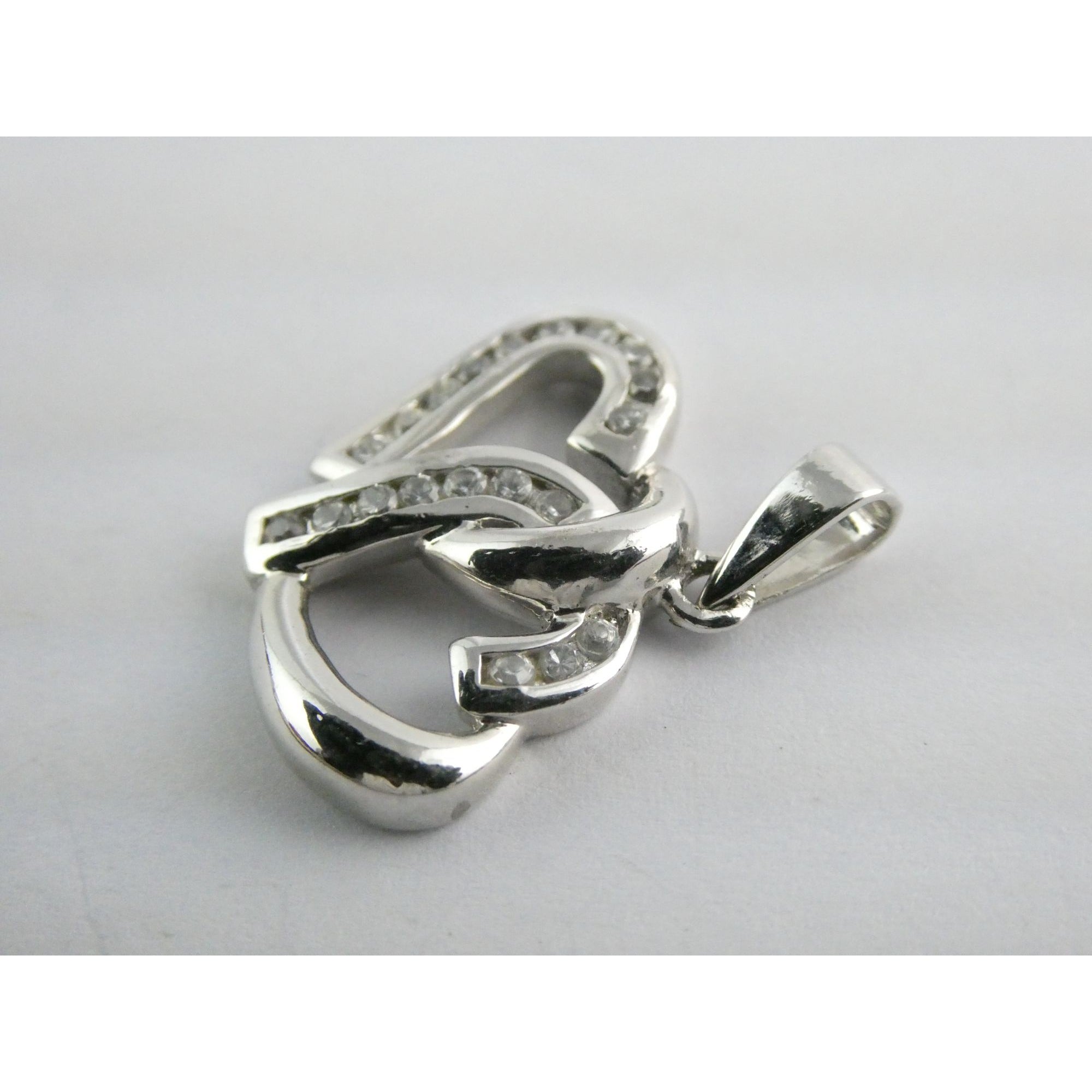 GM Sterling Silver Two Hearts Crystal Intertwined Pendant 925 3.3g 24mm Length