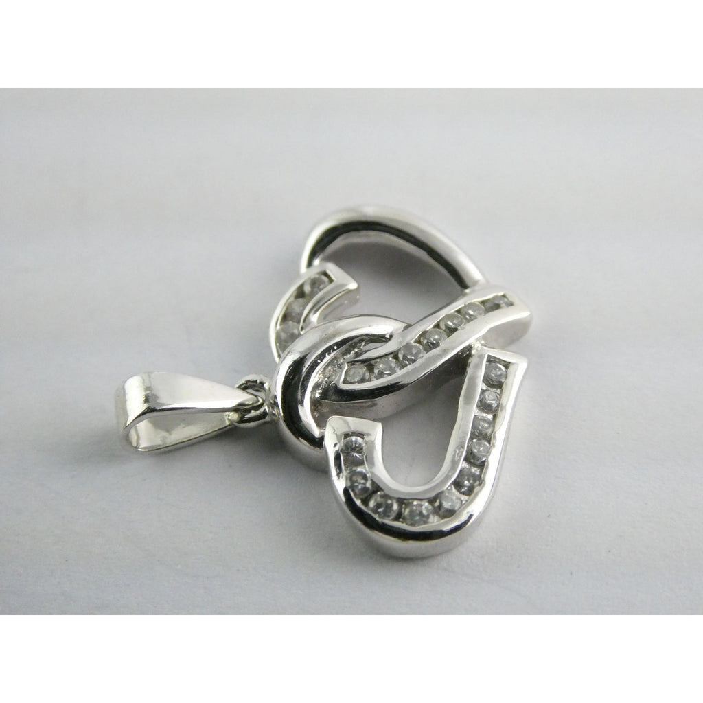 GM Sterling Silver Two Hearts Crystal Intertwined Pendant 925 3.3g 24mm Length