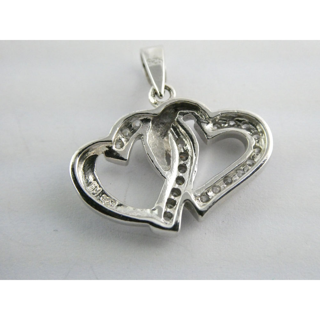 GM Sterling Silver Two Hearts Crystal Intertwined Pendant 925 3.3g 24mm Length