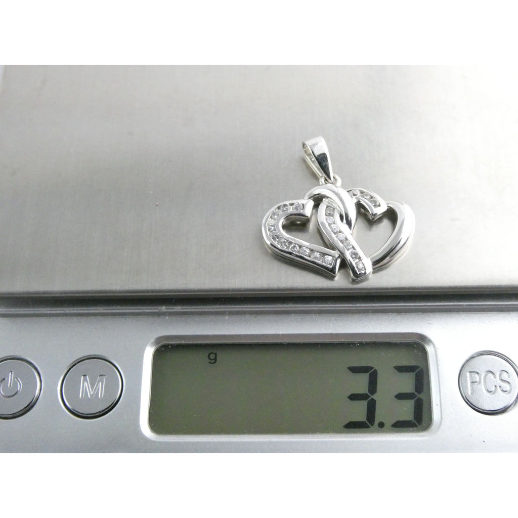 GM Sterling Silver Two Hearts Crystal Intertwined Pendant 925 3.3g 24mm Length