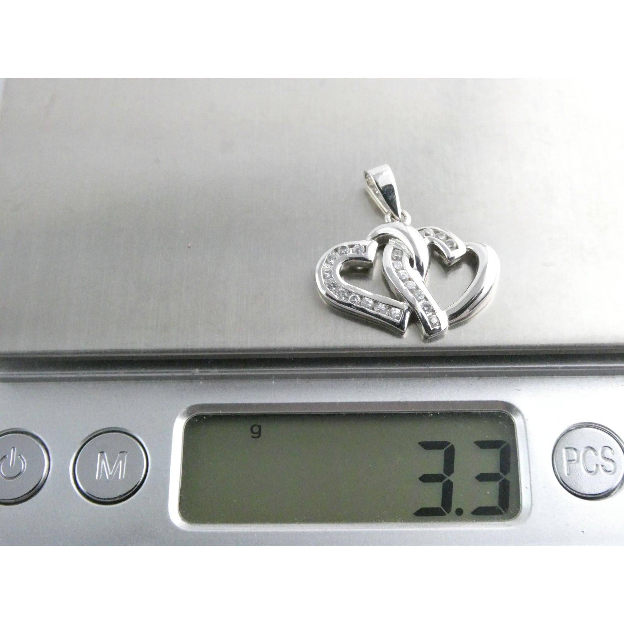 GM Sterling Silver Two Hearts Crystal Intertwined Pendant 925 3.3g 24mm Length