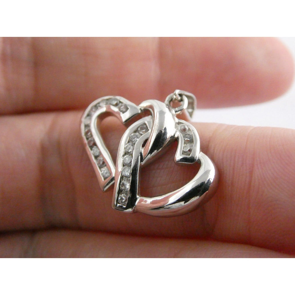 GM Sterling Silver Two Hearts Crystal Intertwined Pendant 925 3.3g 24mm Length