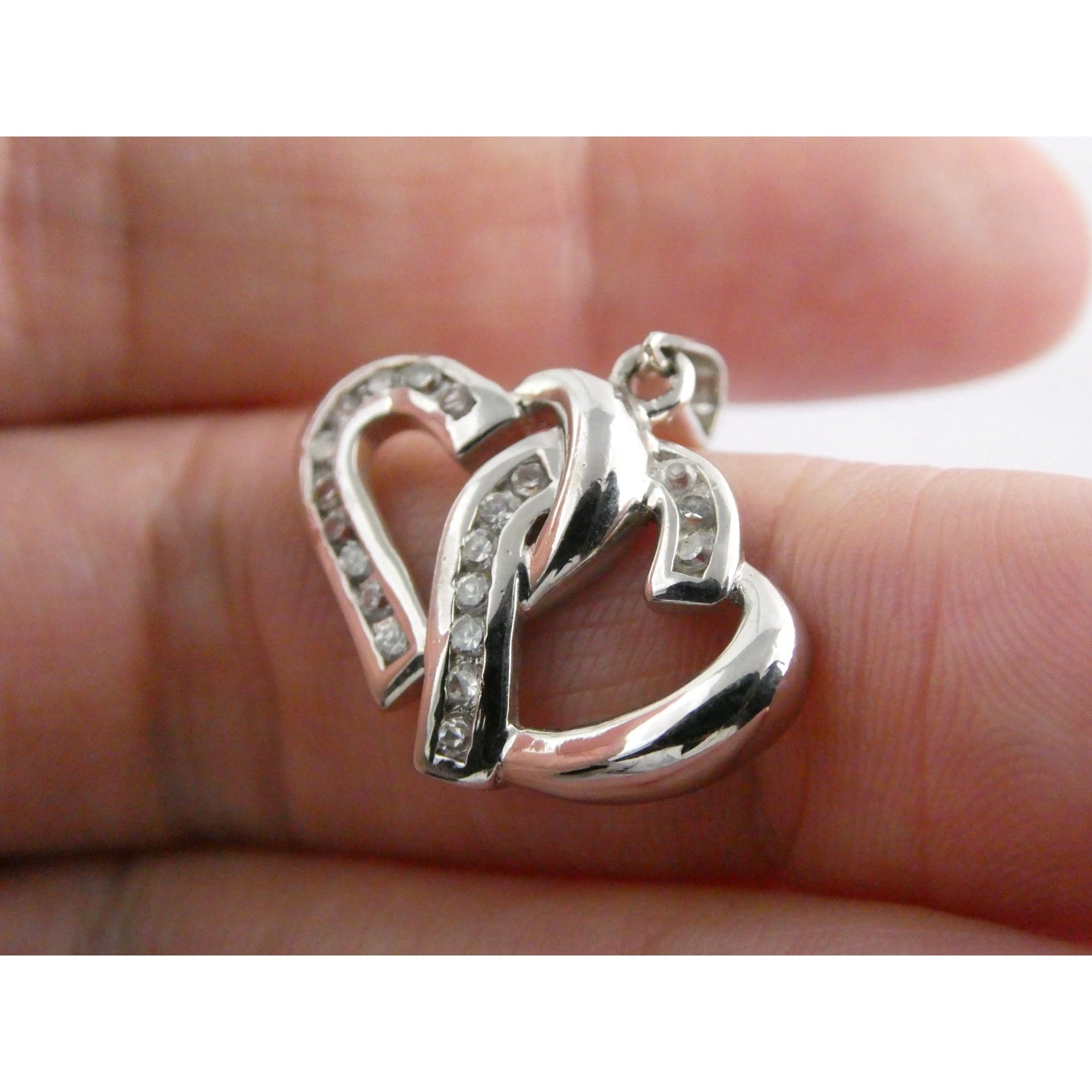 GM Sterling Silver Two Hearts Crystal Intertwined Pendant 925 3.3g 24mm Length