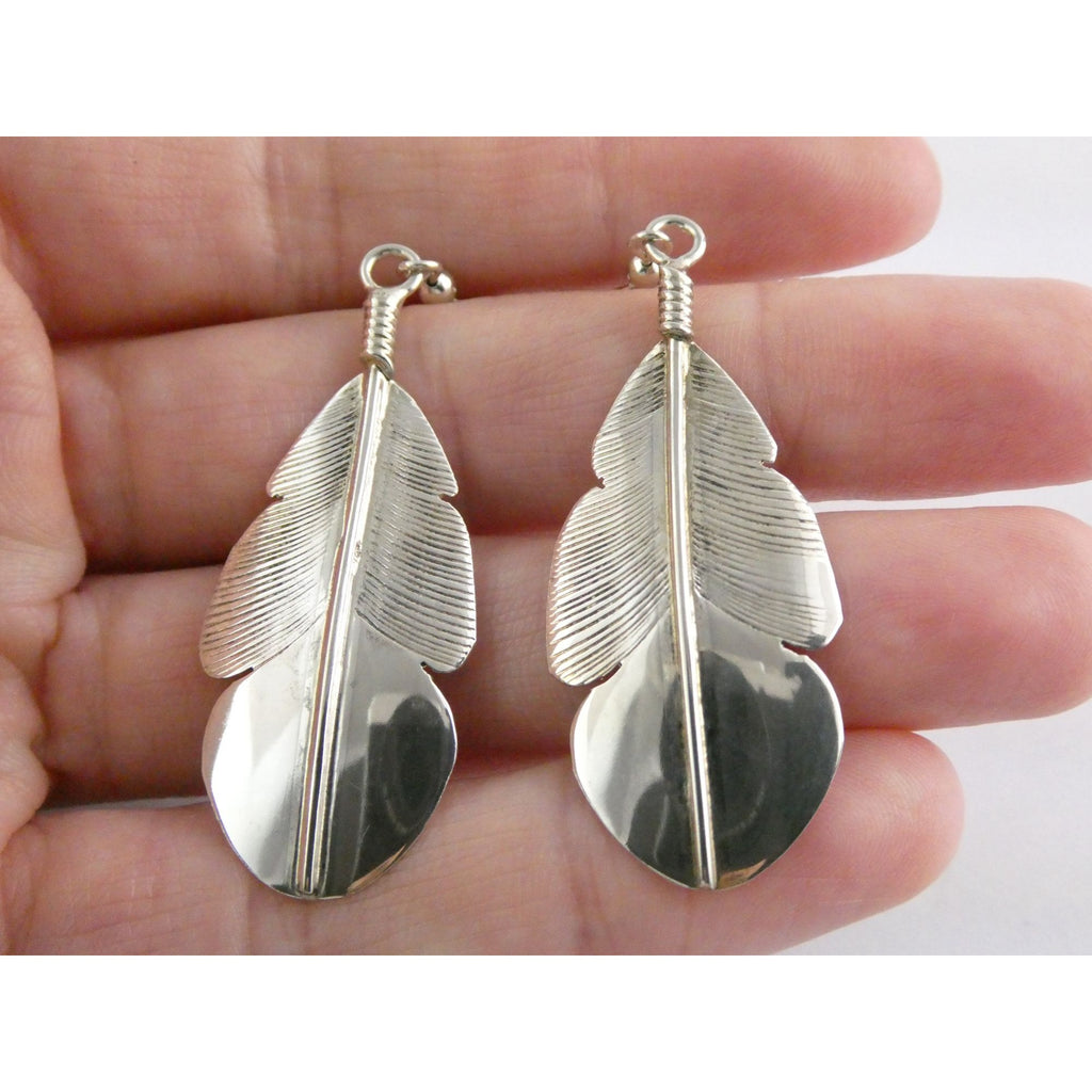 Chester Charley NA Navajo Sterling Silver Feather Dangle Earrings 2.5 Inches 6g