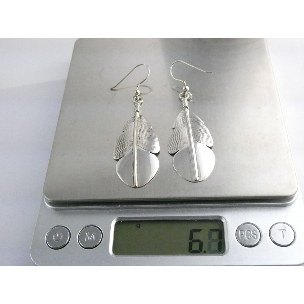 Chester Charley NA Navajo Sterling Silver Feather Dangle Earrings 2.5 Inches 6g