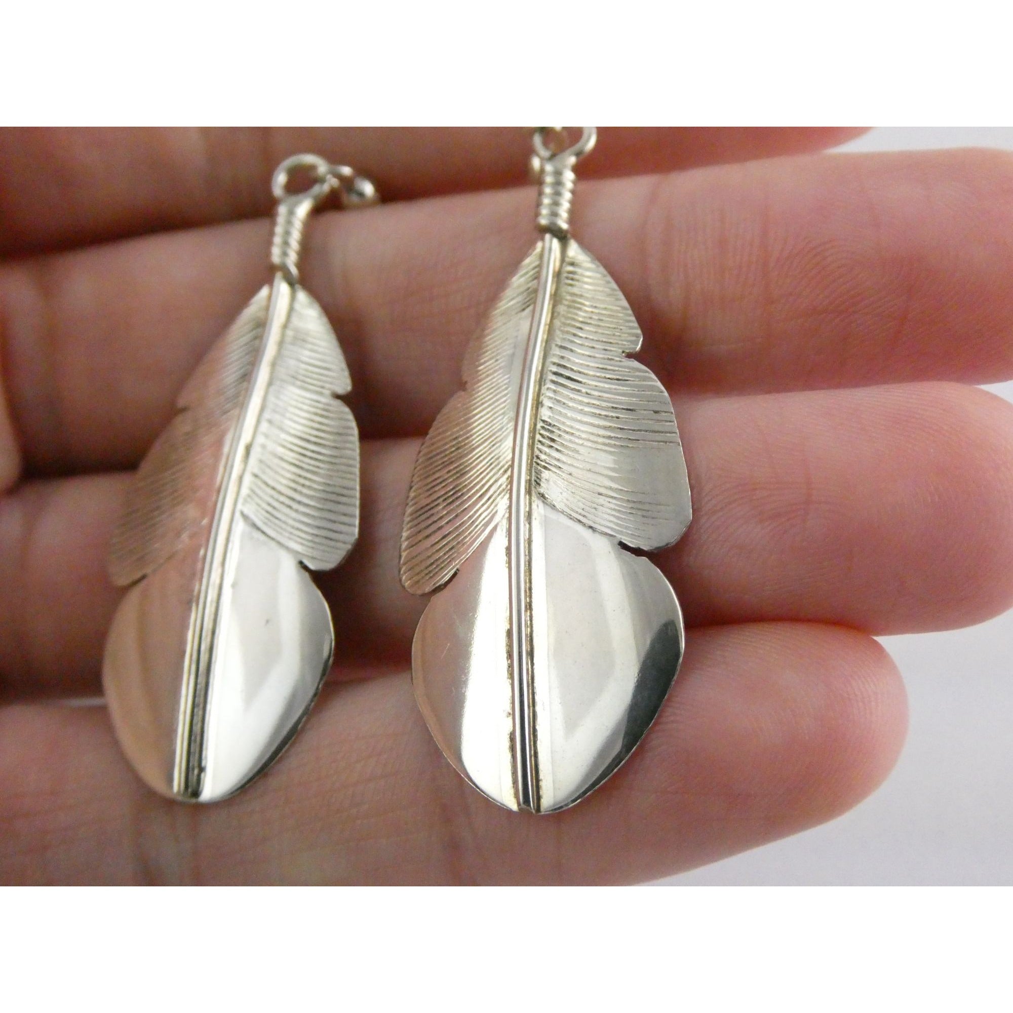 Chester Charley NA Navajo Sterling Silver Feather Dangle Earrings 2.5 Inches 6g