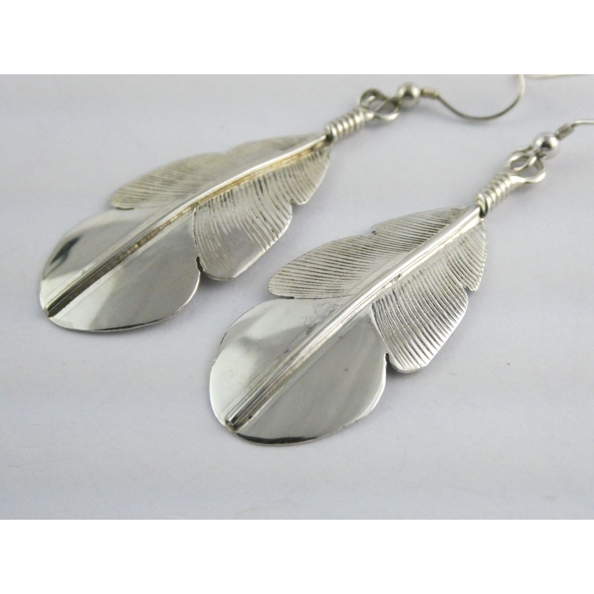 Chester Charley NA Navajo Sterling Silver Feather Dangle Earrings 2.5 Inches 6g