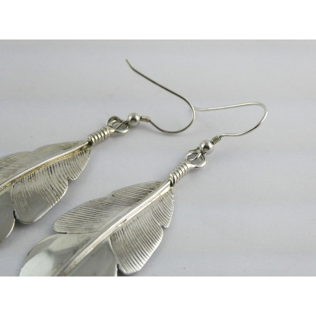 Chester Charley NA Navajo Sterling Silver Feather Dangle Earrings 2.5 Inches 6g