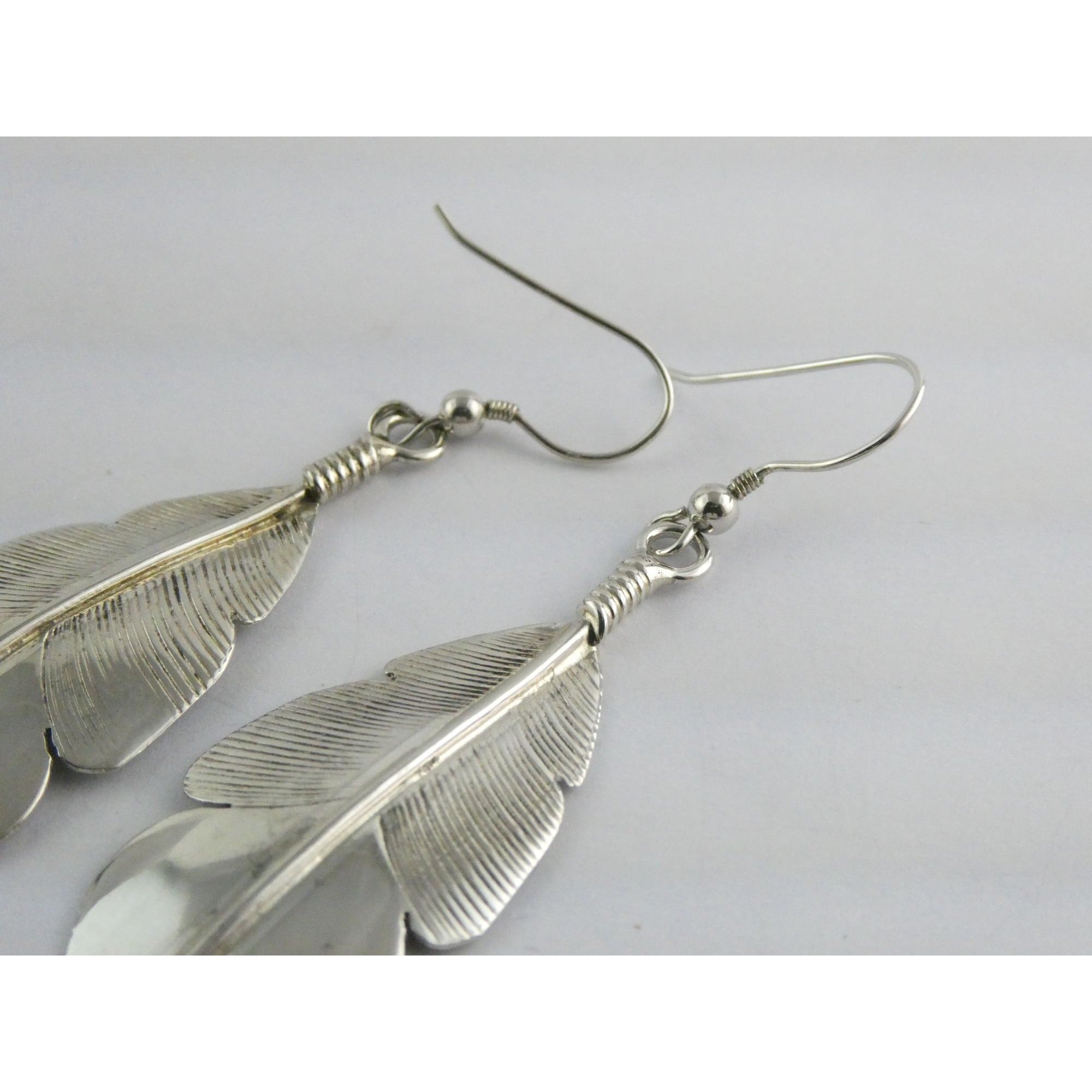 Chester Charley NA Navajo Sterling Silver Feather Dangle Earrings 2.5 Inches 6g