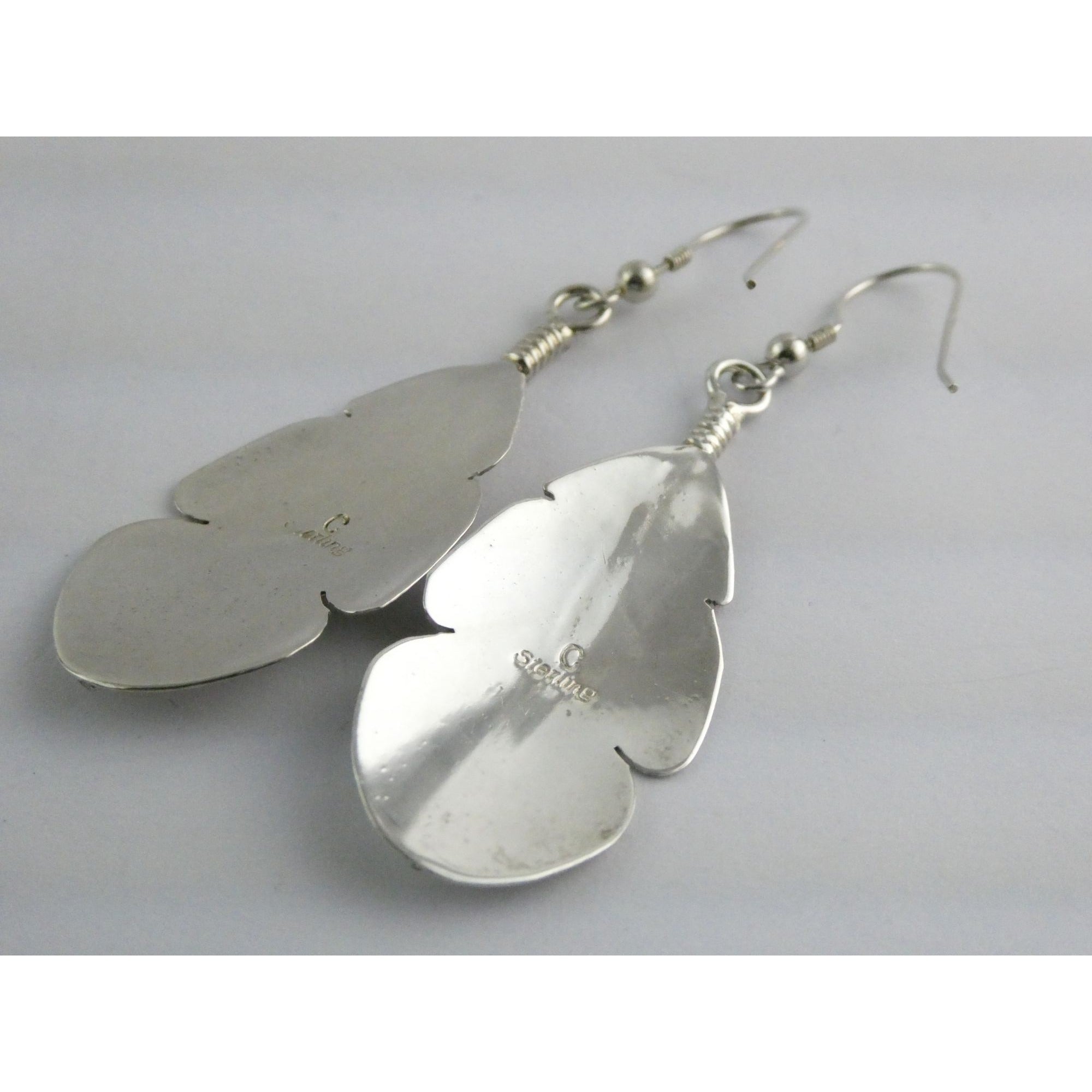 Chester Charley NA Navajo Sterling Silver Feather Dangle Earrings 2.5 Inches 6g