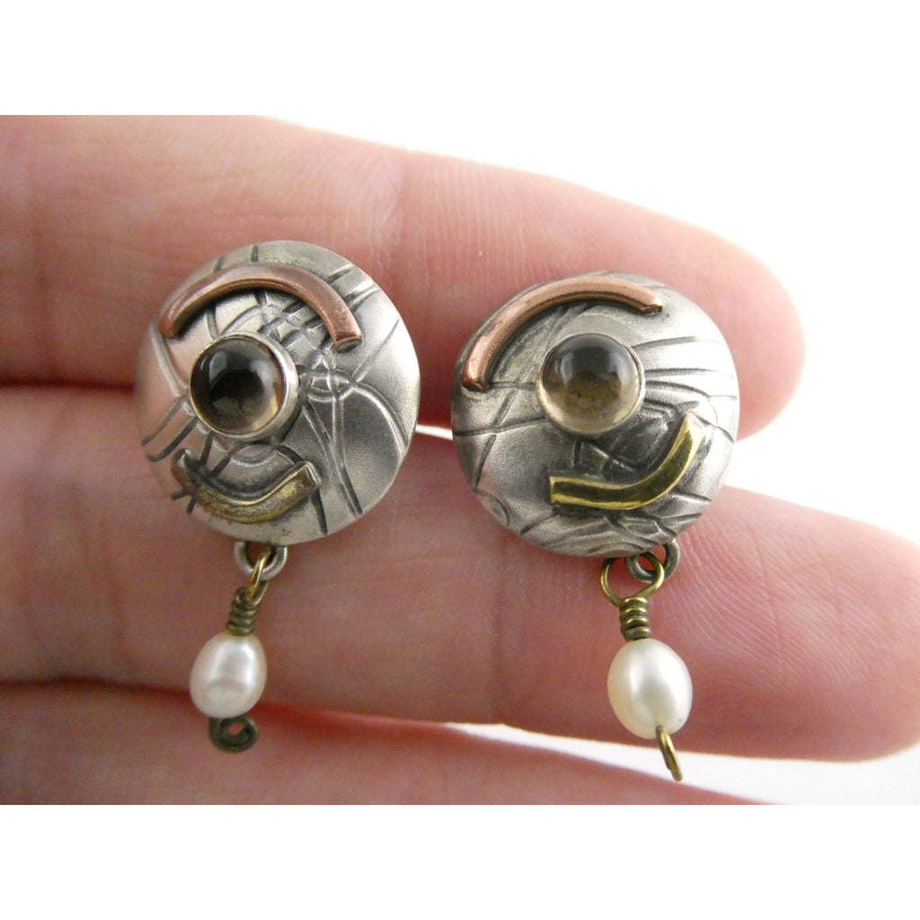 Susan Maria Buckley Sterling Silver Smoky Quartz and Pearl Mixed Metals Earrings