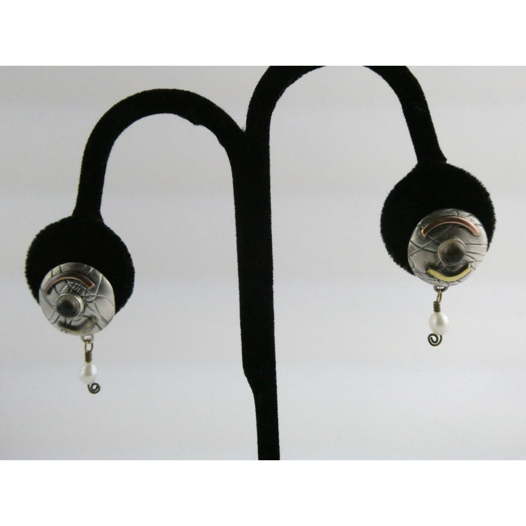 Susan Maria Buckley Sterling Silver Smoky Quartz and Pearl Mixed Metals Earrings