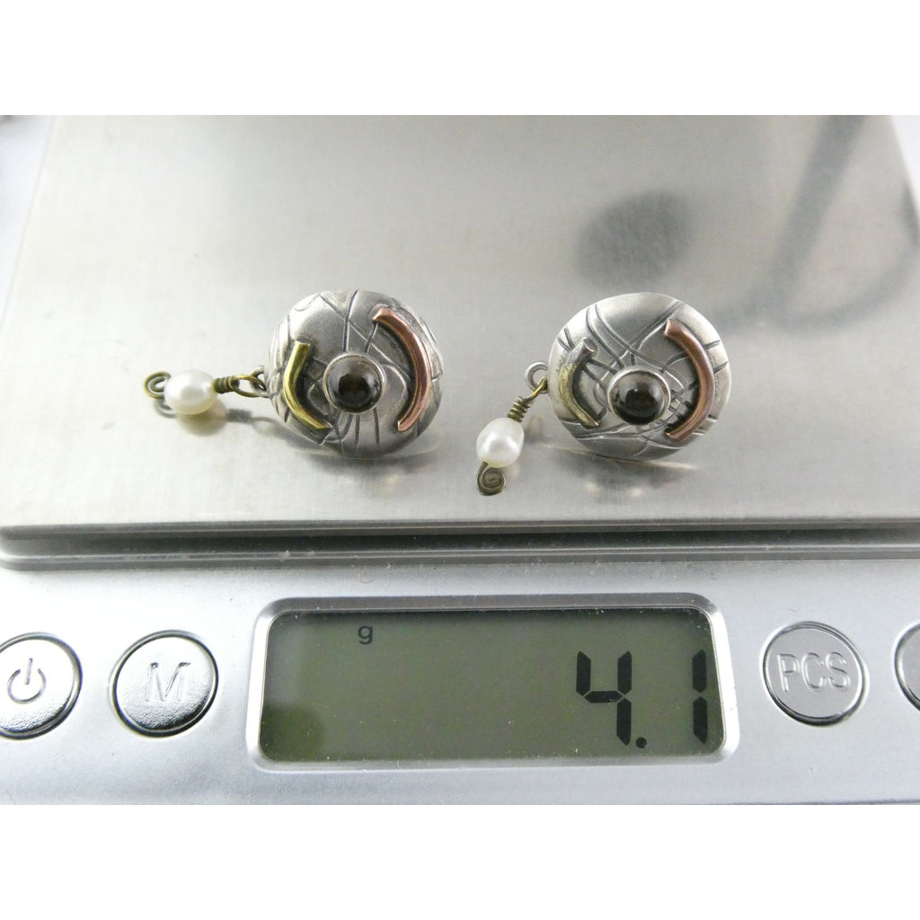 Susan Maria Buckley Sterling Silver Smoky Quartz and Pearl Mixed Metals Earrings