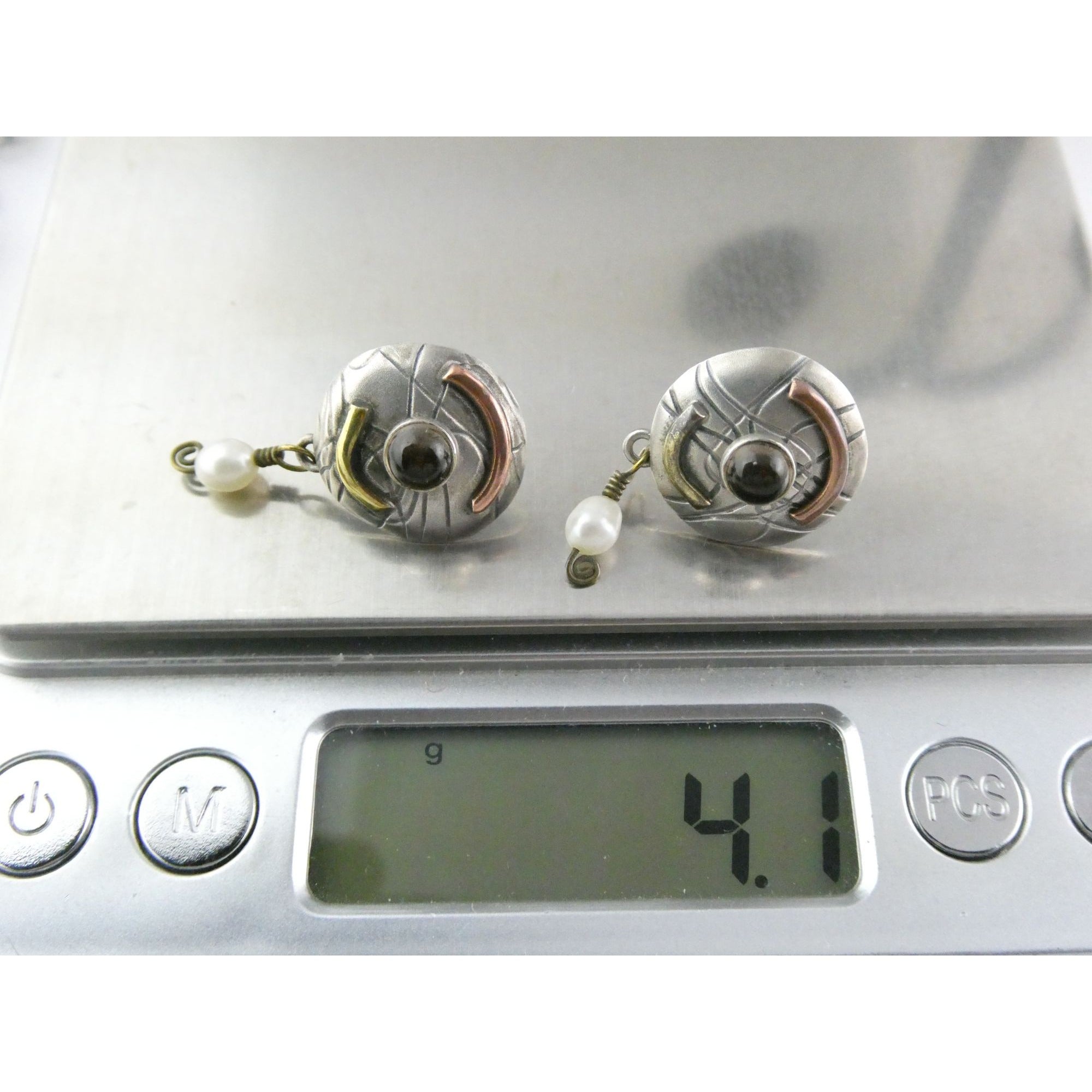 Susan Maria Buckley Sterling Silver Smoky Quartz and Pearl Mixed Metals Earrings