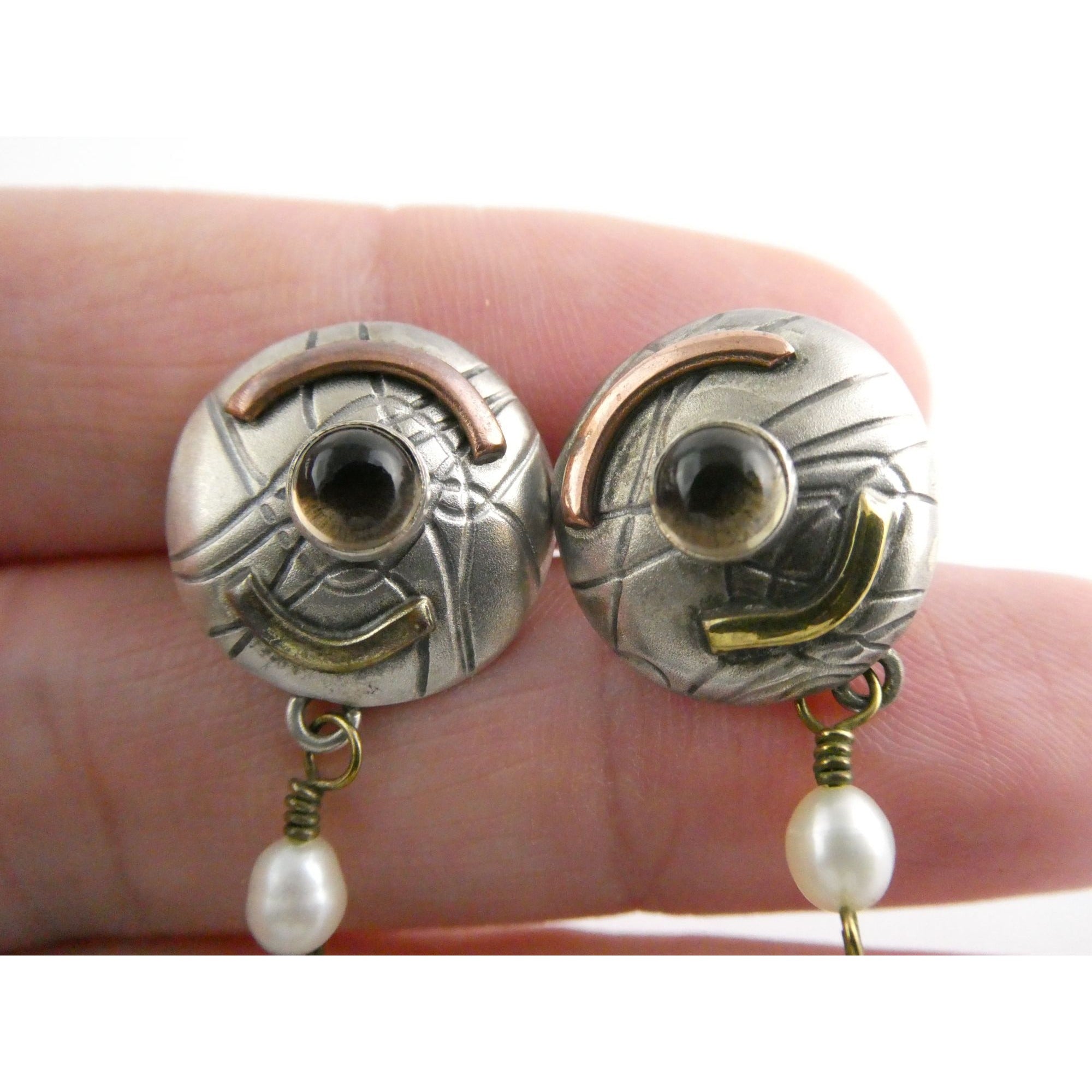 Susan Maria Buckley Sterling Silver Smoky Quartz and Pearl Mixed Metals Earrings