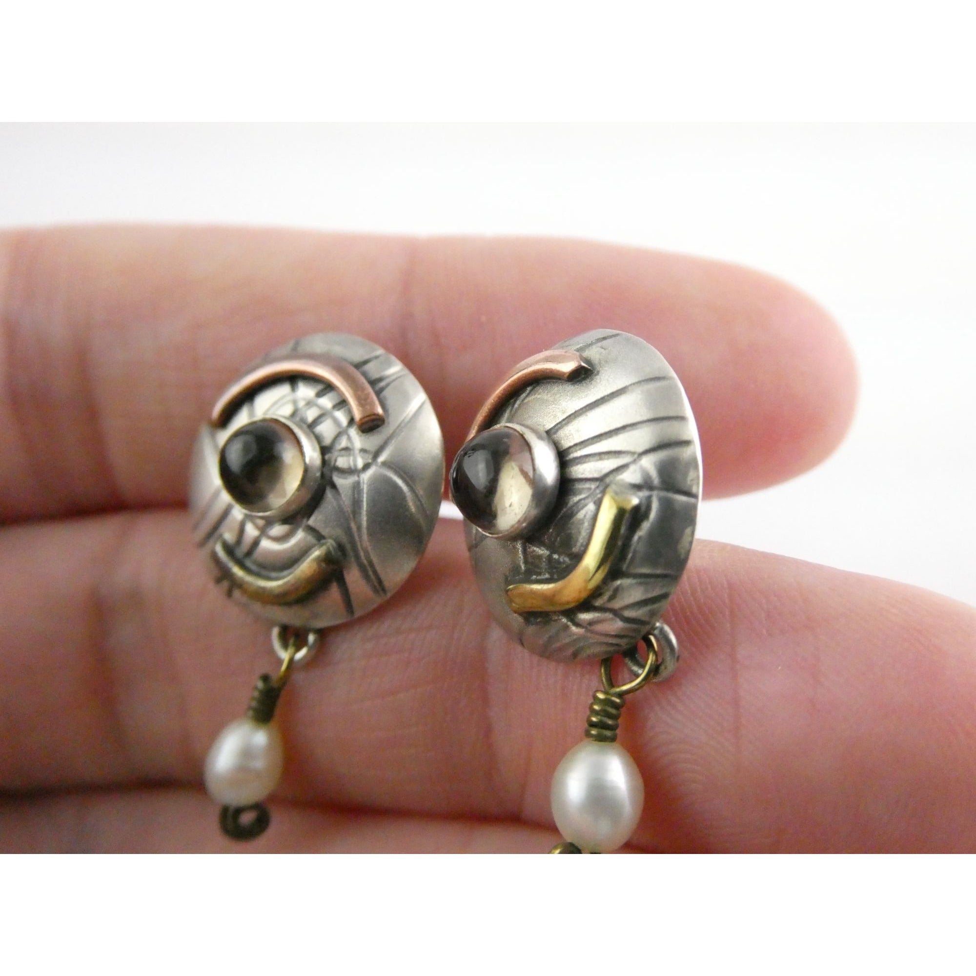 Susan Maria Buckley Sterling Silver Smoky Quartz and Pearl Mixed Metals Earrings