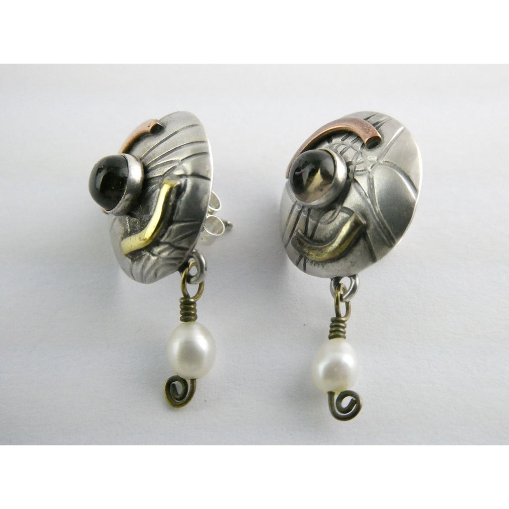 Susan Maria Buckley Sterling Silver Smoky Quartz and Pearl Mixed Metals Earrings