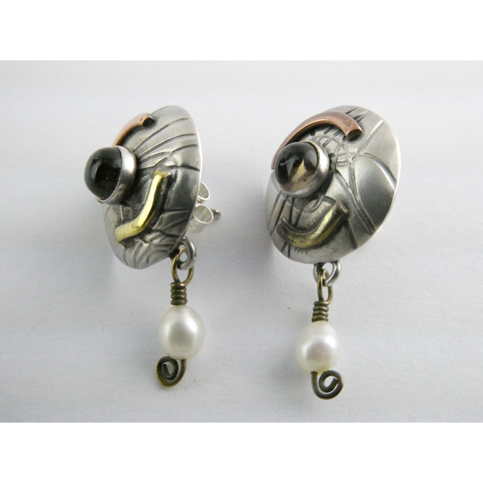 Susan Maria Buckley Sterling Silver Smoky Quartz and Pearl Mixed Metals Earrings