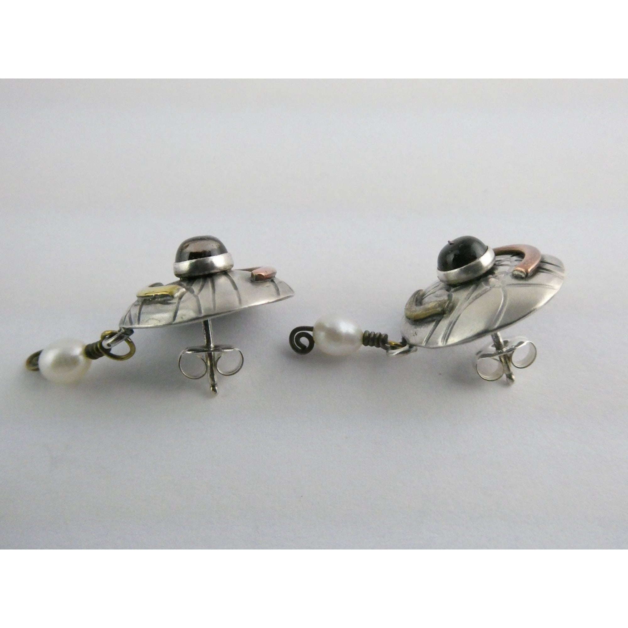 Susan Maria Buckley Sterling Silver Smoky Quartz and Pearl Mixed Metals Earrings