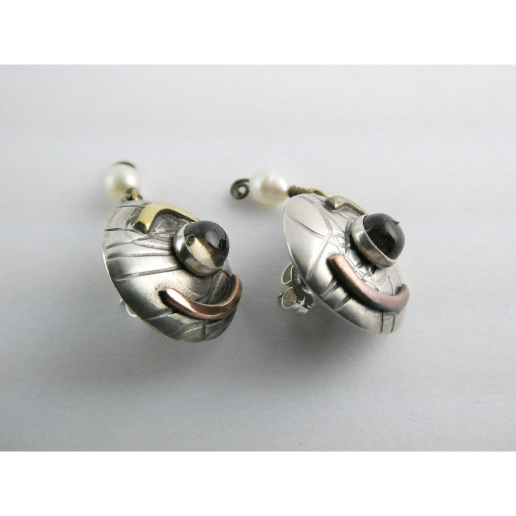 Susan Maria Buckley Sterling Silver Smoky Quartz and Pearl Mixed Metals Earrings