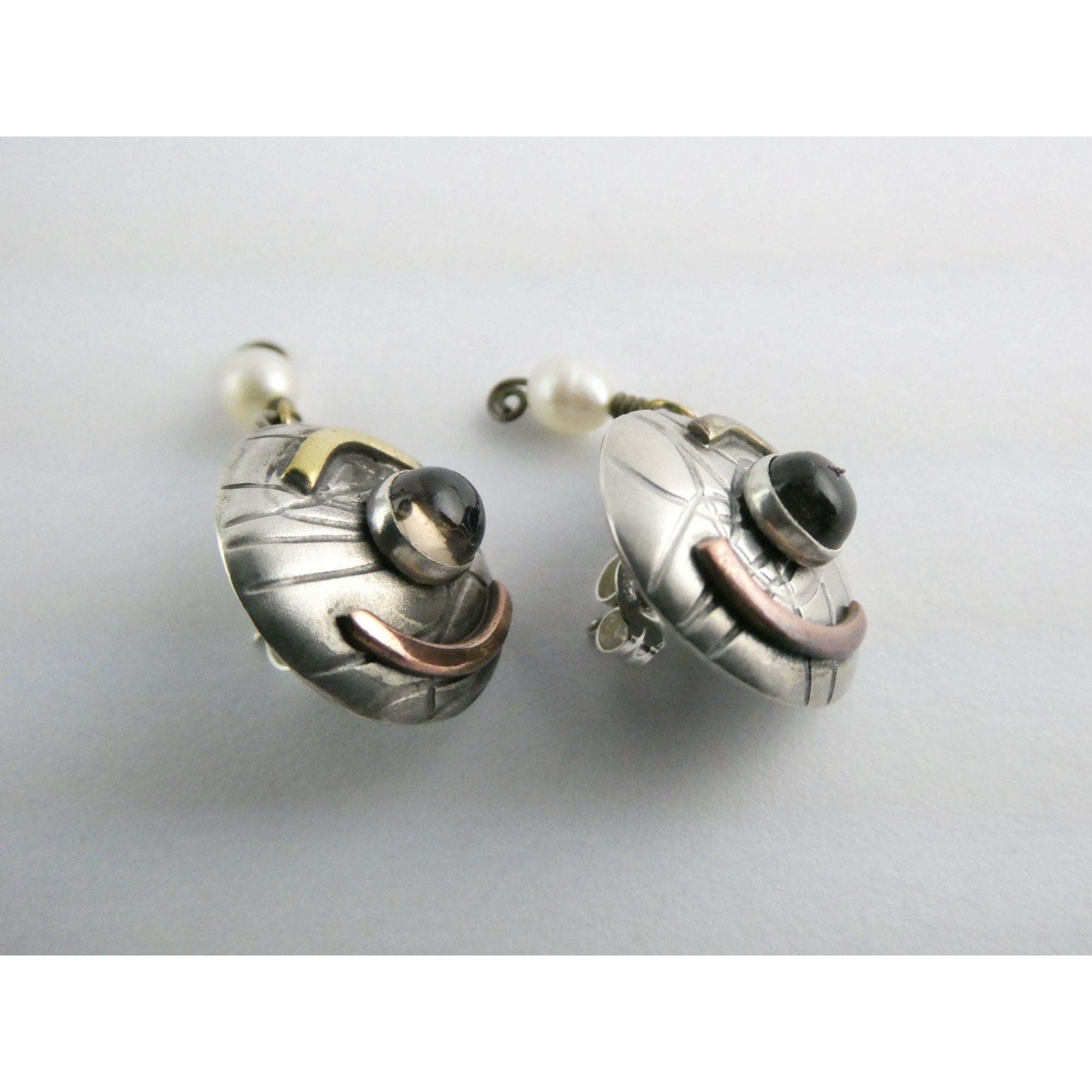Susan Maria Buckley Sterling Silver Smoky Quartz and Pearl Mixed Metals Earrings