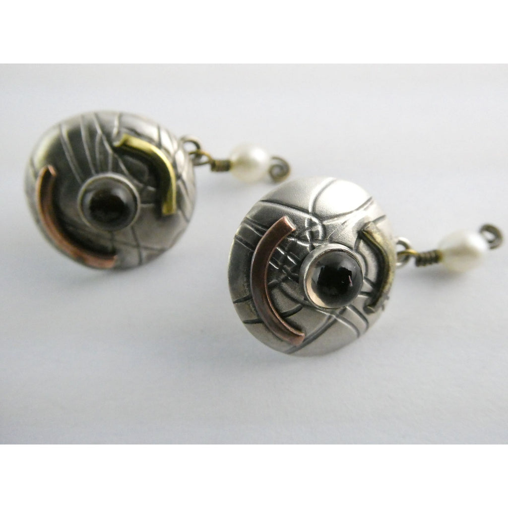 Susan Maria Buckley Sterling Silver Smoky Quartz and Pearl Mixed Metals Earrings