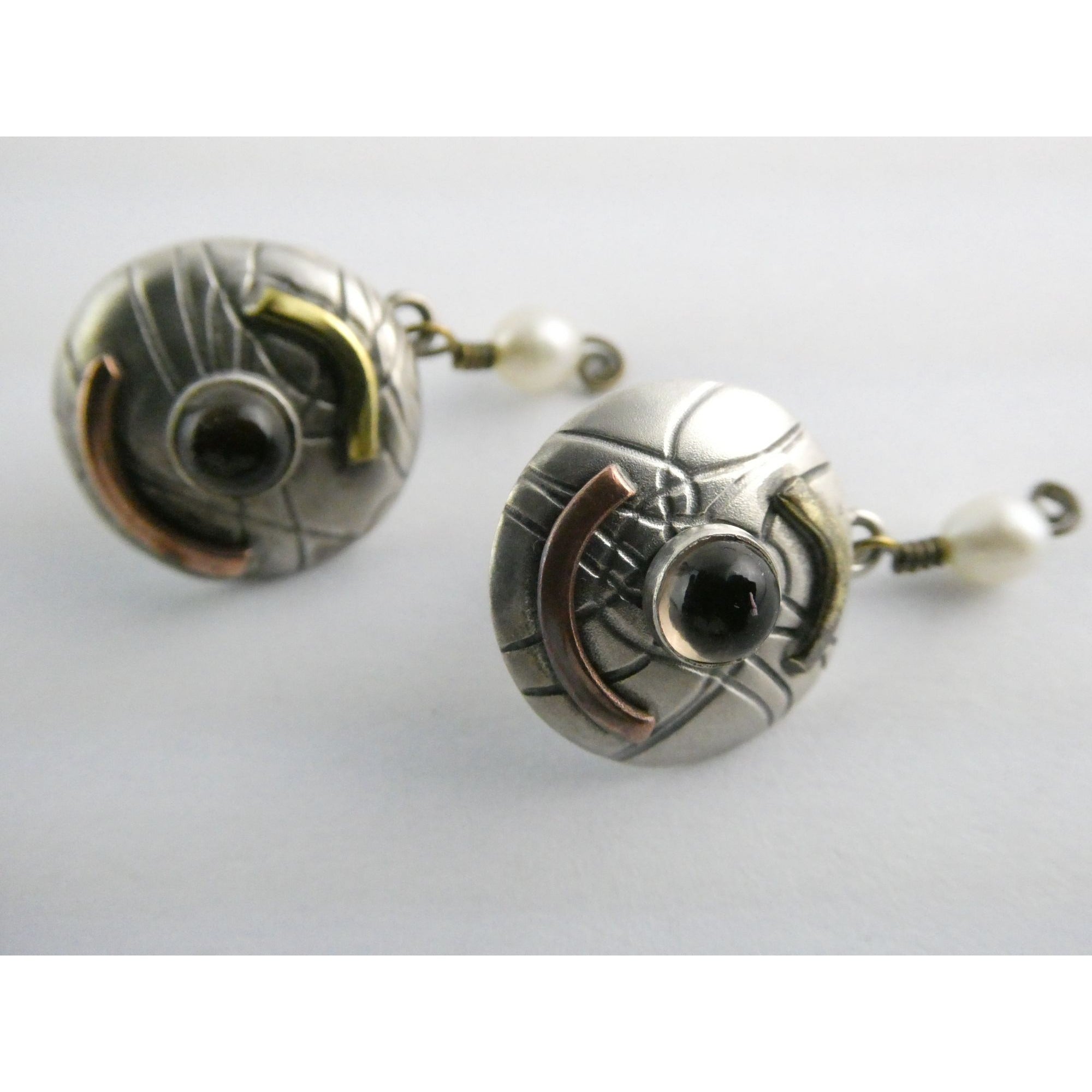 Susan Maria Buckley Sterling Silver Smoky Quartz and Pearl Mixed Metals Earrings