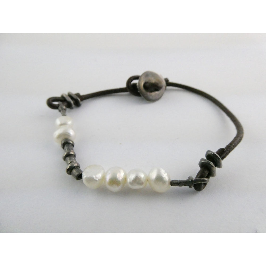 Silpada Sterling Silver Button and Leather Cord Pearl Accent Bracelet 6.5 Inches