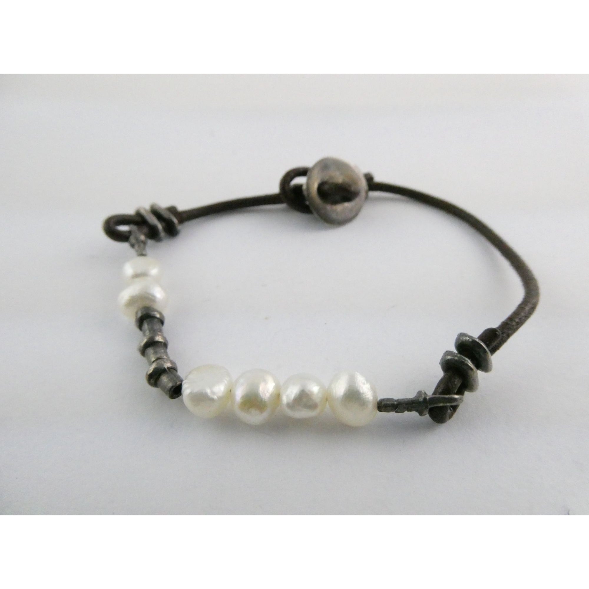 Silpada Sterling Silver Button and Leather Cord Pearl Accent Bracelet 6.5 Inches