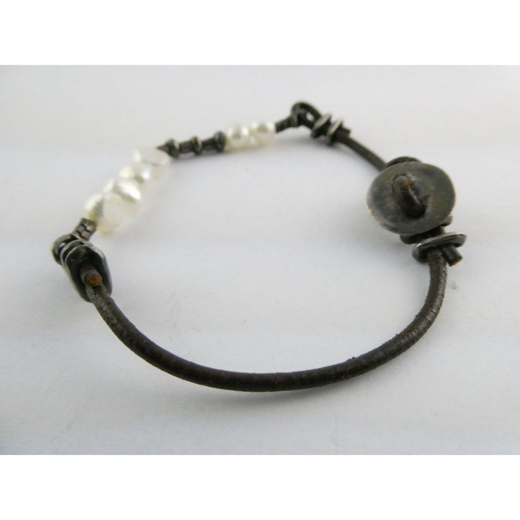 Silpada Sterling Silver Button and Leather Cord Pearl Accent Bracelet 6.5 Inches