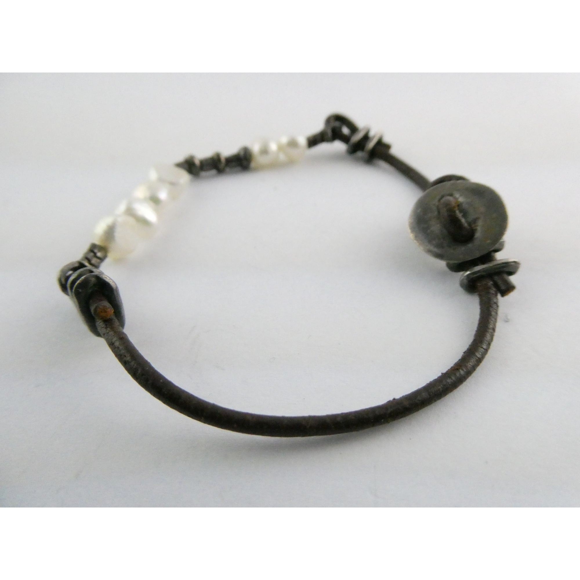 Silpada Sterling Silver Button and Leather Cord Pearl Accent Bracelet 6.5 Inches