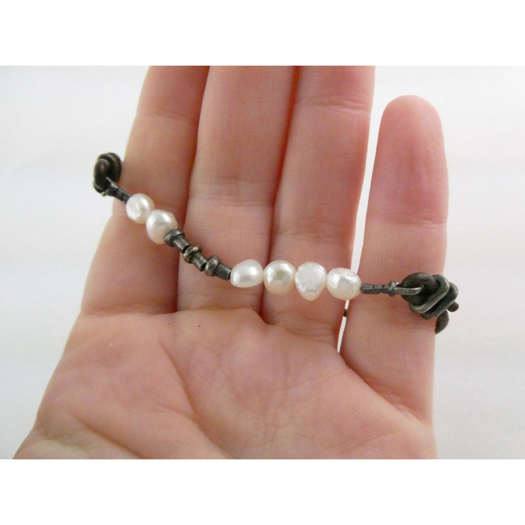 Silpada Sterling Silver Button and Leather Cord Pearl Accent Bracelet 6.5 Inches